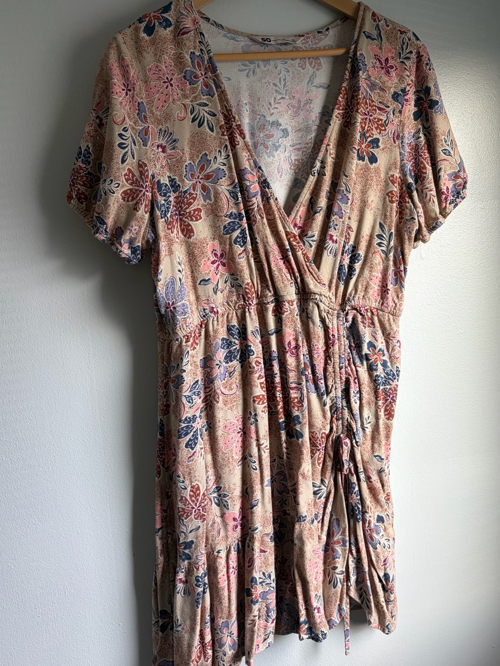 SO Beige Floral Wrap Dress with Pink and Blue Accents